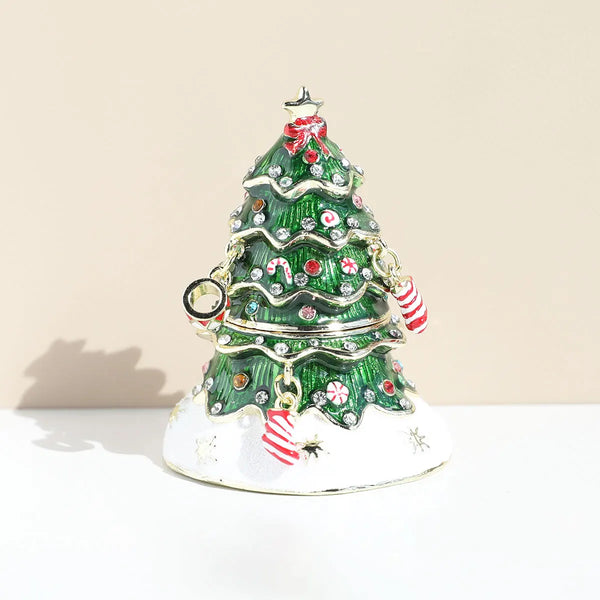 Hand Painted Enameled Christmas Tree Decorative Hinged Jewelry Trinket Box Unique Gift For Home Decor