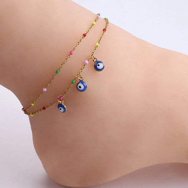 304 Stainless Steel Stylish Link Cable Chain Multilayer Layered Anklet Multicolor Evil Eye Jewelry 22cm(8 5/8") long, 1 Piece