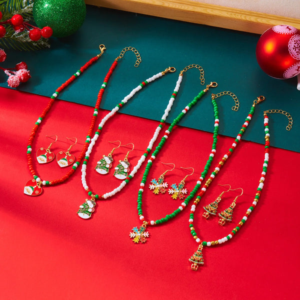 Fashion 3-piece Christmas Tree Snowflake Rice Bead Necklace Earring Set Christmas Gift Suitable for Daily Wearing