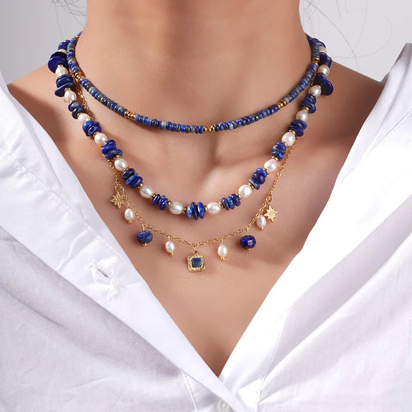 Natural stone pearl necklace set with niche design stainless steel lapis lazuli beads chain for women