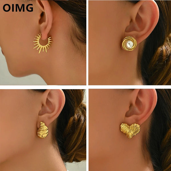 OIMG 316L Stainless Steel Irregular C-shape Pearl Stud Earrings for Women Simple Vintage Earrings Temperament Punk Jewelry