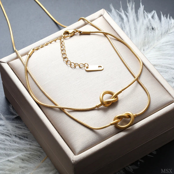 Knotted Necklace Bracelet Set Simple Commuter Gold-plated Stainless Steel Choker High Quality Jewelry Kit Daily Wear Accessories