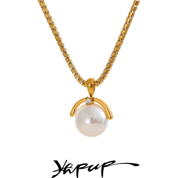 Yhpup 40+7cm New High Quality Elegant Simulated Pearls Round Pendant Necklace for Women Versatile Stainless Steel Collar Jewelry