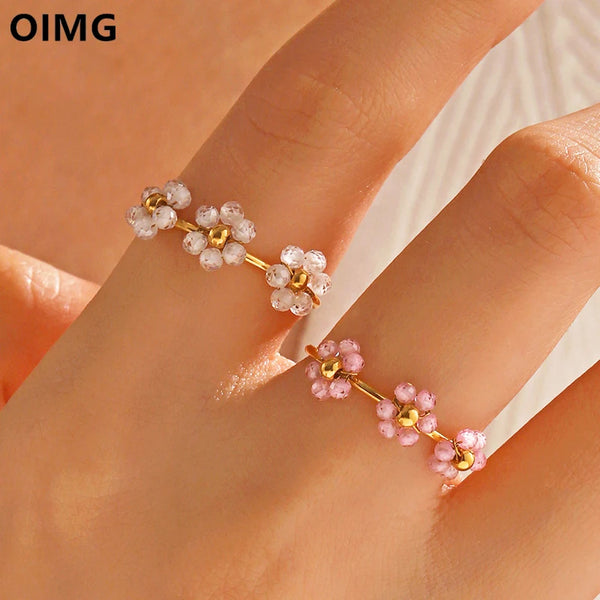 OIMG 316L Stainless Steel Handmade Romantic Pink Crystal Flower Open Ring for Women Korean Fashion Jewelry Christmas Present