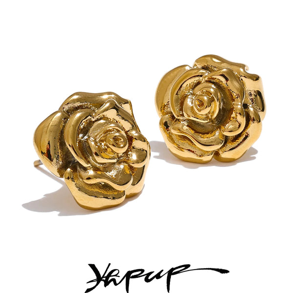 Yhpup  Stainless Steel Rose Flower Waterproof Daily Stud Earrings for Women Stylish Texture Gold Color Plated Jewelry Bijoux