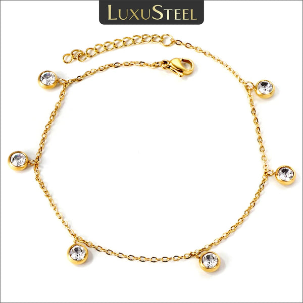 LUXUSTEEL Stainless Steel Anklets Women Golden Plated Round CZ Crystal Rhinestone Charm Allergy Free Foot Chain Beach Jewelry