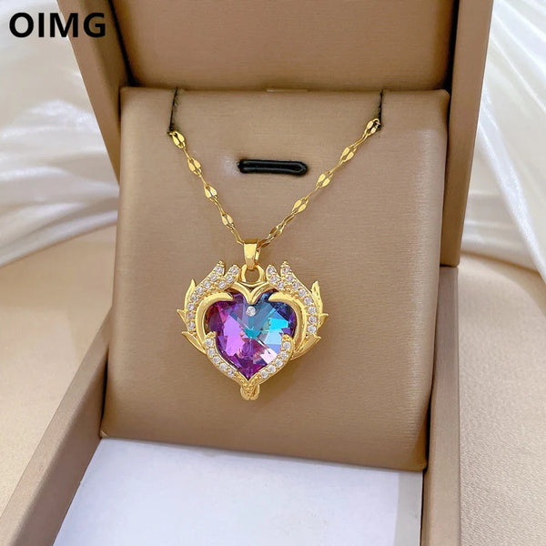 OIMG 316L Stainless Steel Magnificent Gradient Heart of the Ocean Pendant Necklace Womens New Fashion Collarbone Chain Jewelry