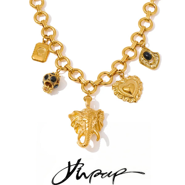 Yhpup Heart Elephant Drop Charm Pendant Necklace 18K Golden PVD Plated Stainless Steel Fashion Statement Jewelry 2025 Waterproof