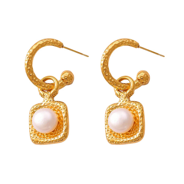 Stainless Steel Earrings Square Freshwater Pearl Pendant with Retro Fashionable Design Personalized Jewelry Gift