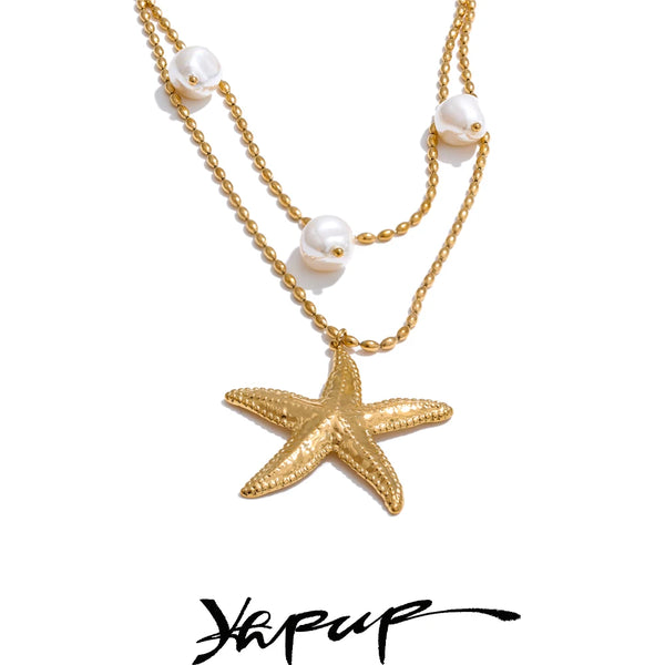Yhpup Stainless Steel Double Layer Ocean Summer Holiday Necklace Jewelry Waterproof Handmade for Women Gold Platinum PVD Plated