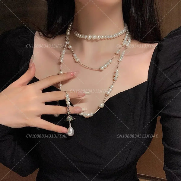 Multilayered Elegant Pearl Fringed Necklace Niche High-end Feel Asymmetric Drape Neck Chain Trendy Vintage Necklace