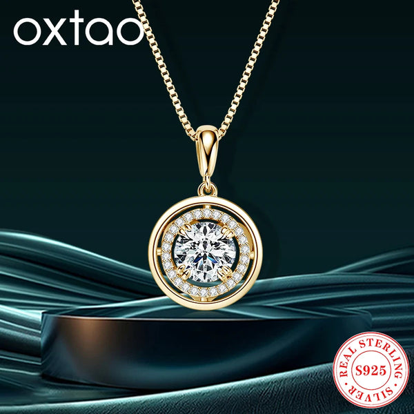OXTAO Round Moissanite Halo Pendant Necklace for Women 925 Sterling Silver Clavicle Chain Necklace Fine Jewelry Gift 1ct 2ct 3ct