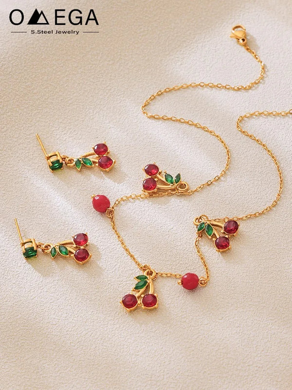 Cherry Charms Necklaces Matching Earrings For Women 18k Gold Plated Stainless Steel Women's Pendant Chain Necklace Stud Earring