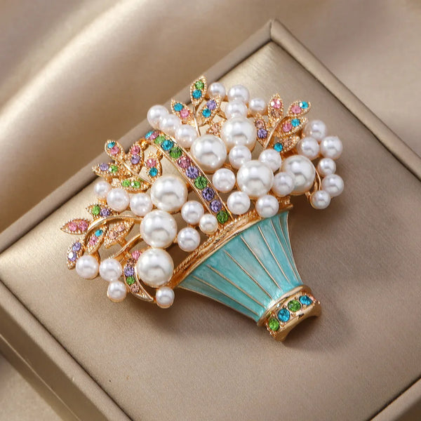 Wuli&baby Luxury Pearl Pot Flowers Brooches For Women Unisex Charming Beautiful Flower Party Office Brooch Pins Gifts