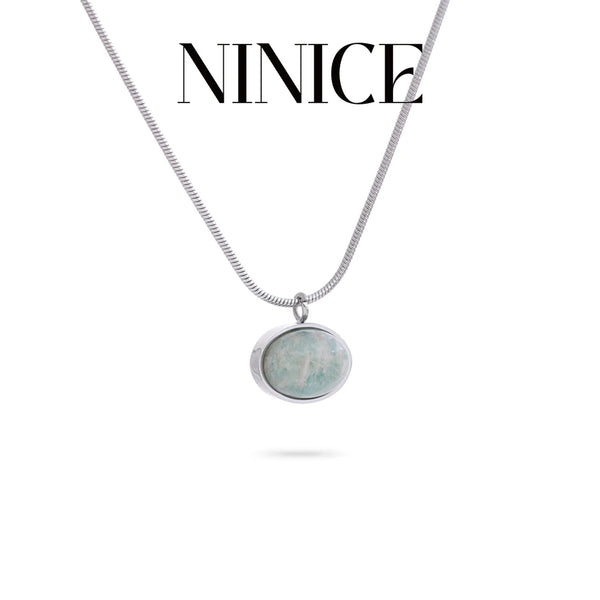 NiNice Natural Amazonite Stone Oval Pendant Necklace Waterproof Stainless Steel Chic Fashion Jewelry for Women Accessories