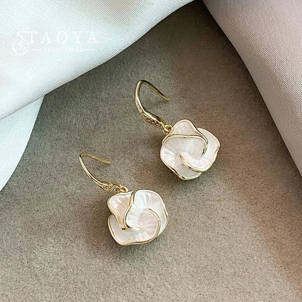 French Romantic Elegant White Enamel Camellia Pendant Flower Earrings 2024 New Fashion Jewelry Accessories For Women‘s Christmas