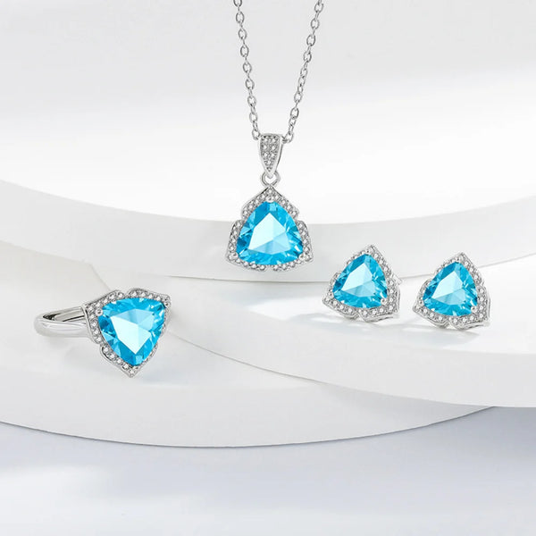925 Sterling Silver Jewelry Set Shiny Blue Gemstone Zircon Women Necklace Earrings Ring Birthday Party Jewelry Set Gift