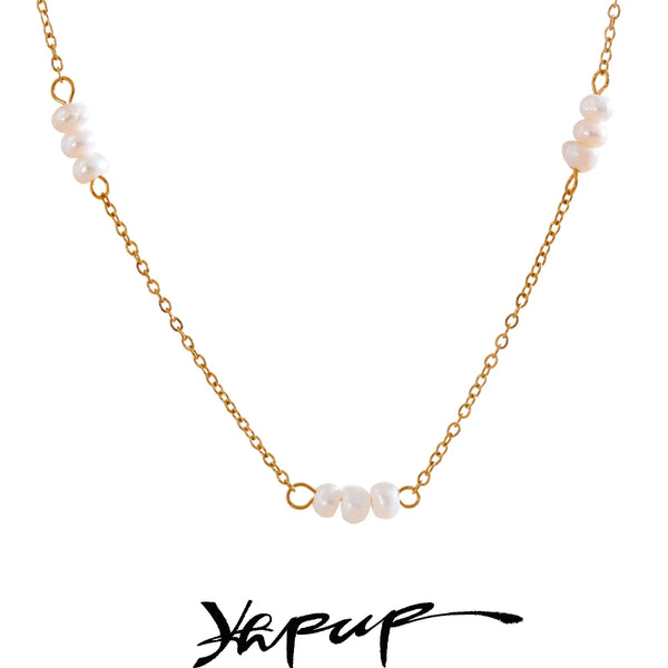 Yhpup 40+6CM  Natural Freshwater Pearls Chain Collar Necklace 18k Gold Color Plated Trendy Fashion Daily Jewelry Accessories