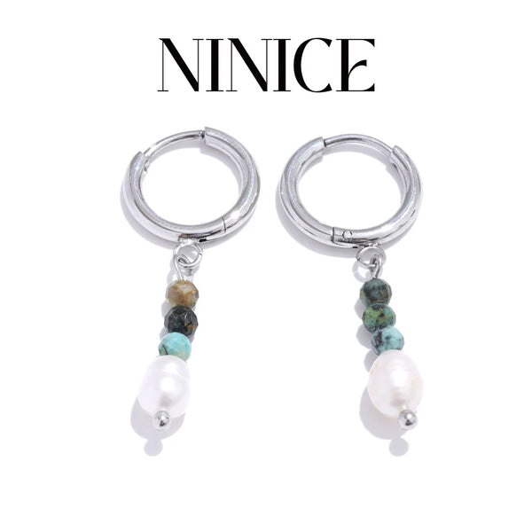 NiNice Chic Natural Stone Freshwater Pearl Beads Drop Hoop Earring Charm Stainless Steel Trending Jewelry For Women 2025