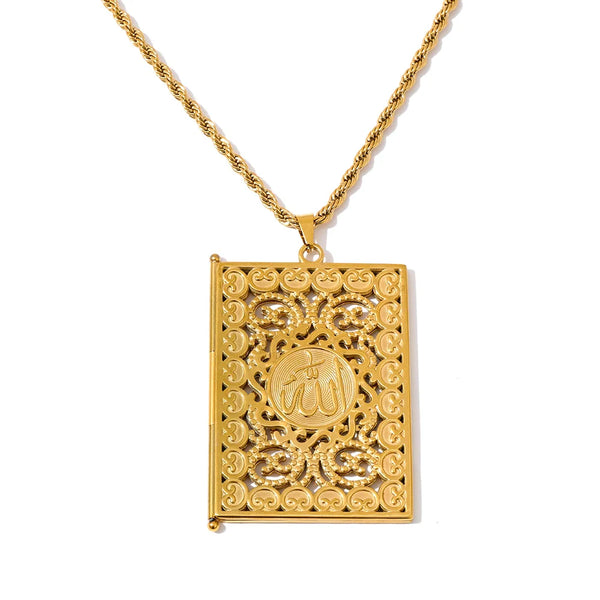 Yhpup 75+5cm Middle East Family Jewelry Stainless Steel Big Pendant Picture Frame Rectangle Necklace 18K PVD Plated Waterproof