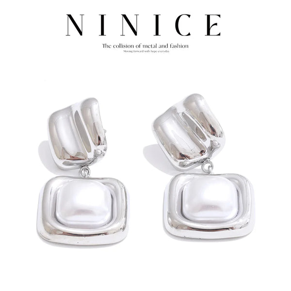 NiNice Earrings Mitation Pearl Square Pendant Elegant Selected Jewelry Waterproof Classic Retro Style Gift New Wholesale