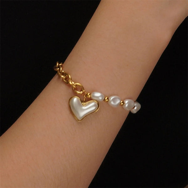 316L Stainless Steel 2025 New Fashion Fine Jewelry Irregular Shaped Pearls Charm Love Heart Chain Bracelets For Women Decoration