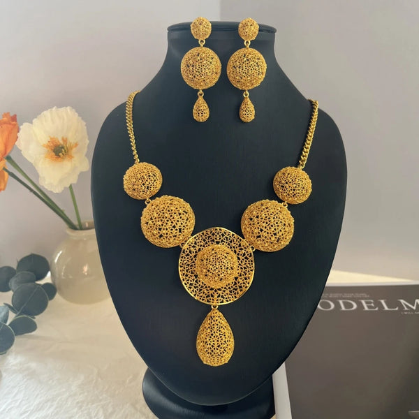 Fashion Dubai Gold Color Jewelry Sets For Women African India Party Wedding Tassels Necklace Bracelet Earrings Ring Set Gifts