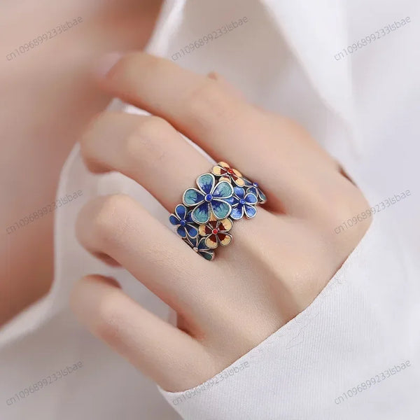 New Enamel Flowery Ring for Women with Atmospheric Retro Ethnic Style Opening Adjustable Creative Index Finger кольцо женское