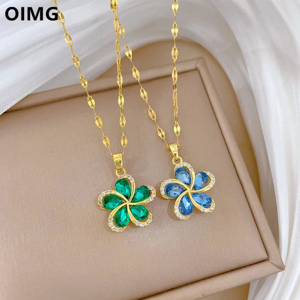 OIMG 316L Stainless Steel olorful Bling Cubic Zirconia Pendant Necklace Fashion Shiny  Luxury Jewelry For Women Gift
