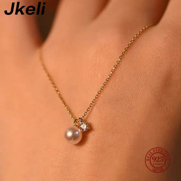 Jkeli Real 925 Sterling Silver Zircon  Pearl Round Choker Necklace For Women OL Fine Jewelry Minimalist Accessories