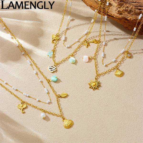 LAMENGLY 316L Stainless Steel 2-chain Pearl Shell Sun Fish Pendant Necklace Women Summer Leisure Style Clavicle Chain Party Gift