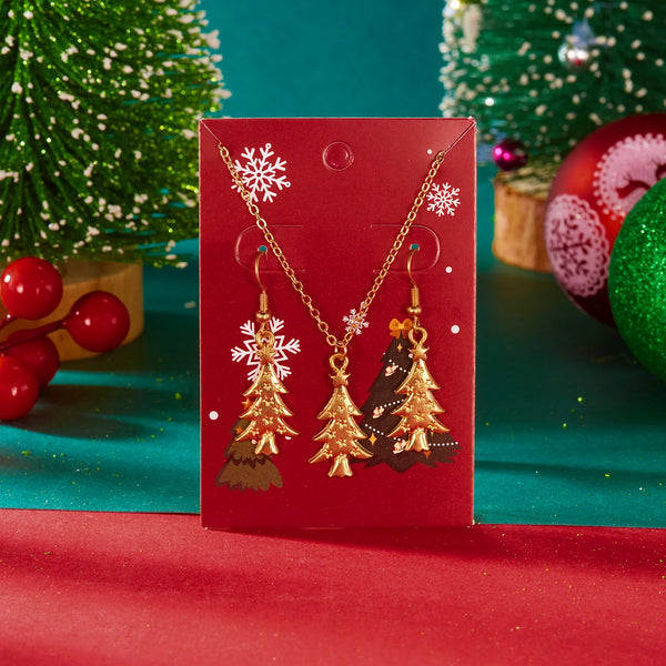 Christmas Tree Gold Plated Necklace Cute Cartoon Snowman Pendant Necklace Earring Set For Women Xmas Party Jewelry Gift