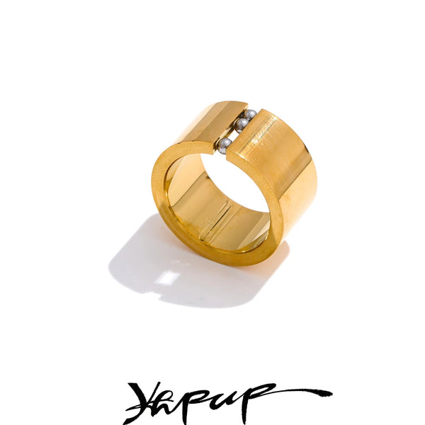 Yhpup Size 678  Distinctive Stainless Steel Wide Polished Charm Ring 2025 Steel Movable 18K Golden PVD Plated Finger Jewelry