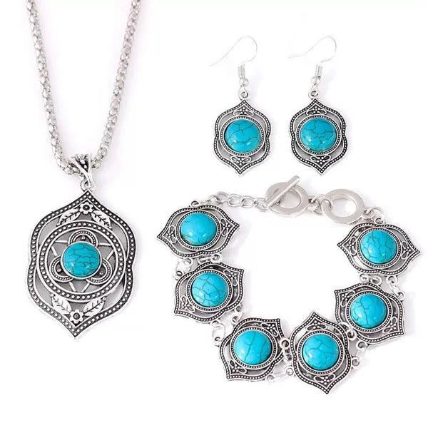 Vintage Bohemian Jewelry Set Collares Exaggerated Ethnic Chokers Necklaces Bracelets Earrings Turquoises Beads Party Jewelry Set
