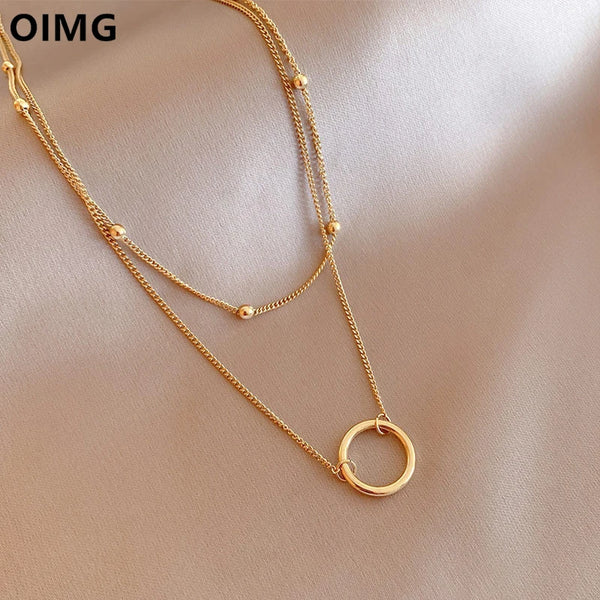 OIMG 316L Stainless Steel Gold Plated Double Layered Simple Circle Geometric Pendant Necklace For Women Bohemian Jewelry