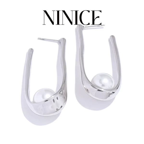 NiNice Individualistic Stainless Steel Simulated Pearls Geometric Pendant Earrings Fashion Chic Party Jewelry Gift