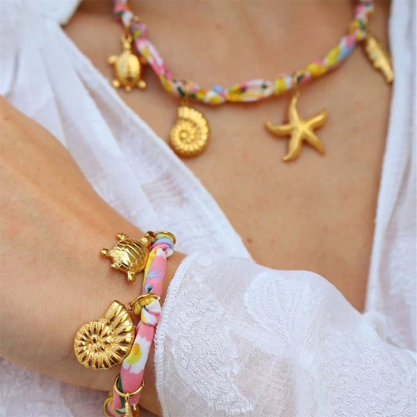 Beach series necklace, marine creatures, flowers, shells, pendant, colorful ribbon, cloth strip necklace, gold-plated