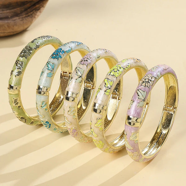 FTCY Vintage Enameled Bracelets For Women Flower Gold Color Cloisonne Bangles Elegant Women's Jewelry Gifts