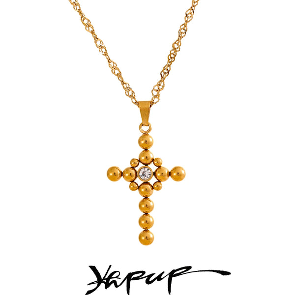 Yhpup Statement Round Beads Cross Pendant Trendy Necklace Unisex Jewelry PVD Plated Stainless Steel CZ Water Resistant Bijoux