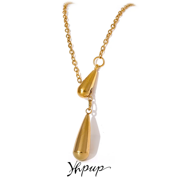 Yhpup Water Drop Fashion Cast Pendant Necklace Gold Color Trendy Stainless Steel Jewelry Collier Waterproof for Women Charm Gift