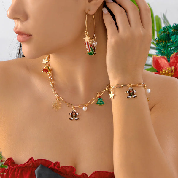 Christmas Cute Gingerbread Cookie Pendant Bracelet Necklace for Women Cartoon Snowman Santa Elk Earrings Festival Jewelry Set