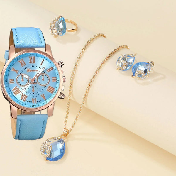 Fashionable Women's Watch with Simple Roman Dial, Quartz Watch, Women's Leather Strap Watch Necklace Earrings Ring Set