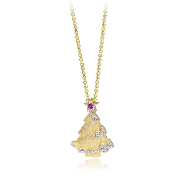 Bellux Fine Jewelry Christmas gift Christmas Tree Design Red Corundum Necklace 925 Silver Pendant New Year's Gift