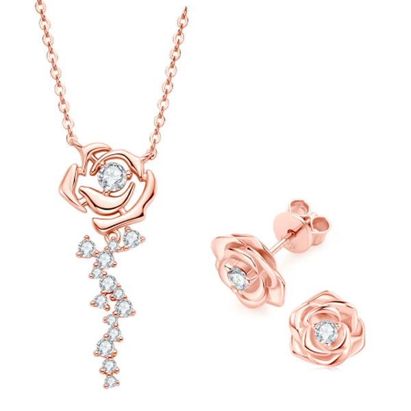 OXTAO Rose Moissanite Jewelry Set 925 Sterling Silver Retro Classic Rose Gold Pendant Necklace Boutique Jewelry Gift Certified