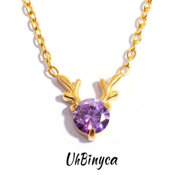 Deer Necklace for Women, Small Antler with CZ, 18K Gold Plated Stainless Steel Hypoallergenic Minimalist Dainty Jewelry Gift