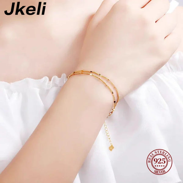 Jkeli Genuine 925 Sterling Silver Simple Delicate Double Chain Layer Charm Bracelet For Fashion Women Party Punk Jewelry Gift