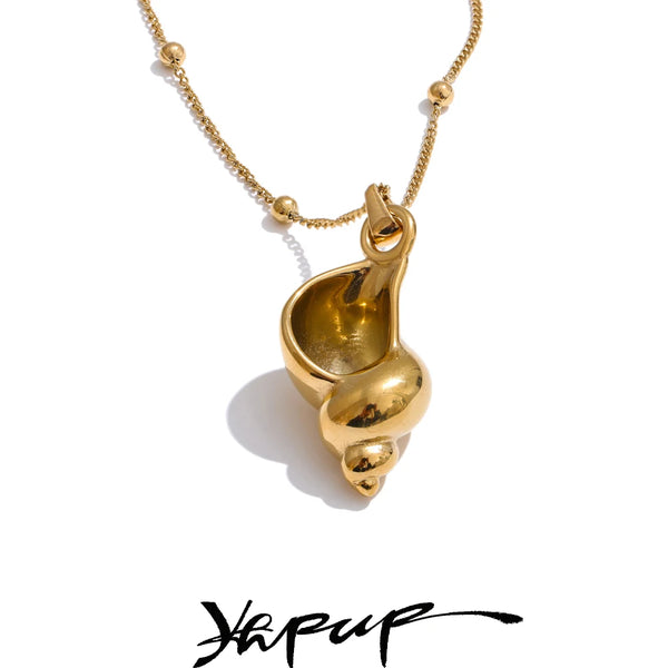 Yhpup 2025 Summer Ocean Style Metal Conch Pendant Necklace Distinctive Stainless Steel Holiday Fashion Jewellery New