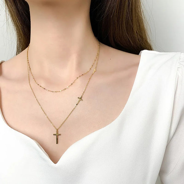 316L Stainless Steel Luxury Gold Color Stackable Cross Pendant Necklaces Choker For Women Double Wear Necklace Party Jewelry