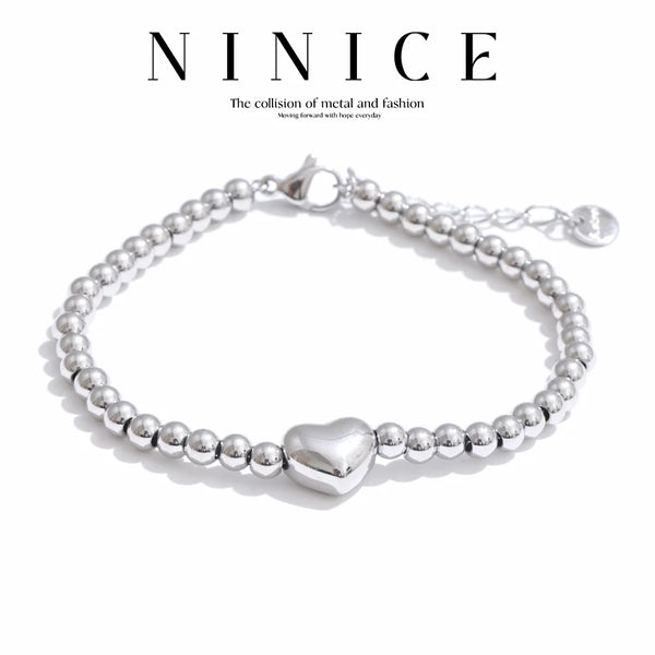 NiNice Bracelet Stainless Steel Round Bead Heart-shaped Pendant Fashionable Trendy Personalized Simple Selection