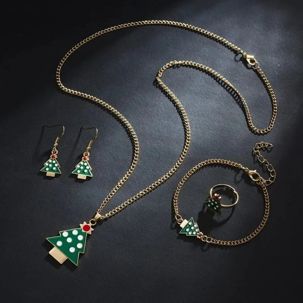 4PCS/Set Christmas Women Alloy Jewelry Set Santa Elk Bell Earrings Necklace Bracelet Decor Xmas Accessories Gift for Girl Women